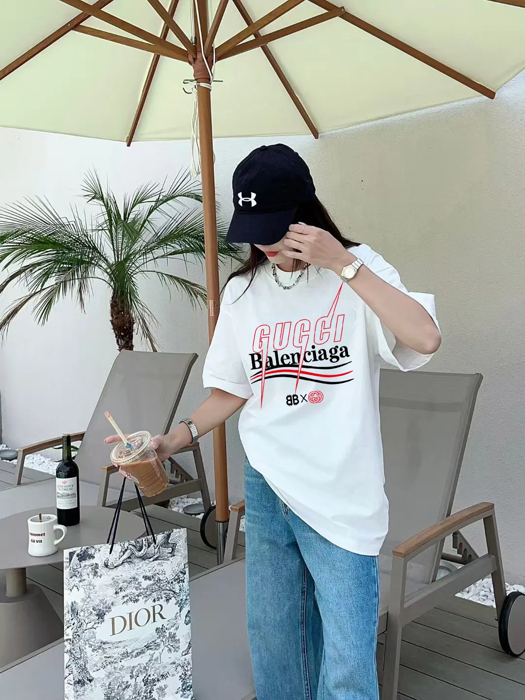 P80✨🔥 [Gucci co-branded with Balenciaga] 2026FW short-sleeved T-shirt printed letter logo Premium 26s double yarn 300g fabric heavy fabric custom stretcher rib same vat and dye complete three labels men and women Same Style Color: Black White Apricot Size: S M L XL XXL